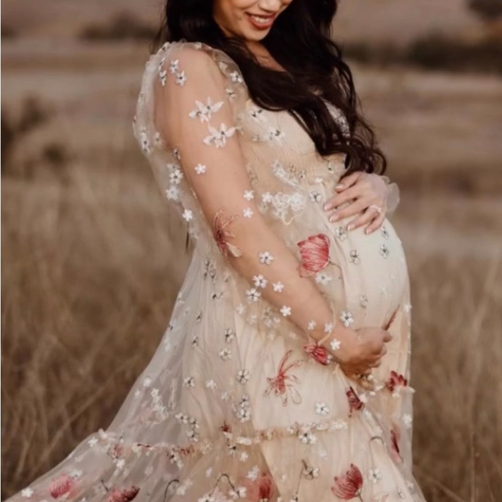 EleStory Autumn Blossom Embroidered Maternity Maxi Dress – Size Small